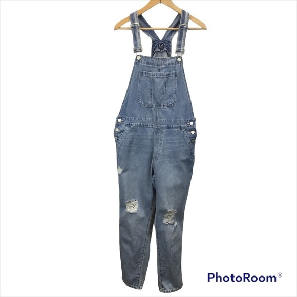 GAP Slouchy Distressed Crop Denim Overalls - Picture 1 of 12